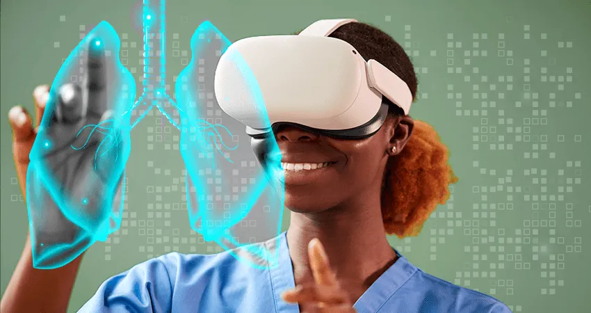 A woman in scrubs wearing a VR headset and interacting with a holographic set of lungs